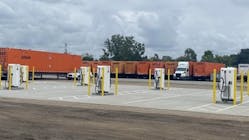 Each of the 16 chargers at the Schneider National Operations Center can refuel two heavy-duty trucks at the same time.