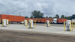 Each of the 16 chargers at the Schneider National Operations Center can refuel two heavy-duty trucks at the same time. Each of the 16 chargers at the Schneider National Operations Center can refuel two heavy-duty trucks at the same time.