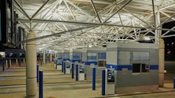 The new LED luminaires help travelers leaving the parking garage and entering the canopy pay stations top see much better with the more uniform, whiter illumination. The new LED luminaires help travelers leaving the parking garage and entering the canopy pay stations top see much better with the more uniform, whiter illumination.