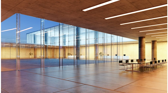 Modern glass wall commercial buildings meeting room area, Realistic 3d rendering
