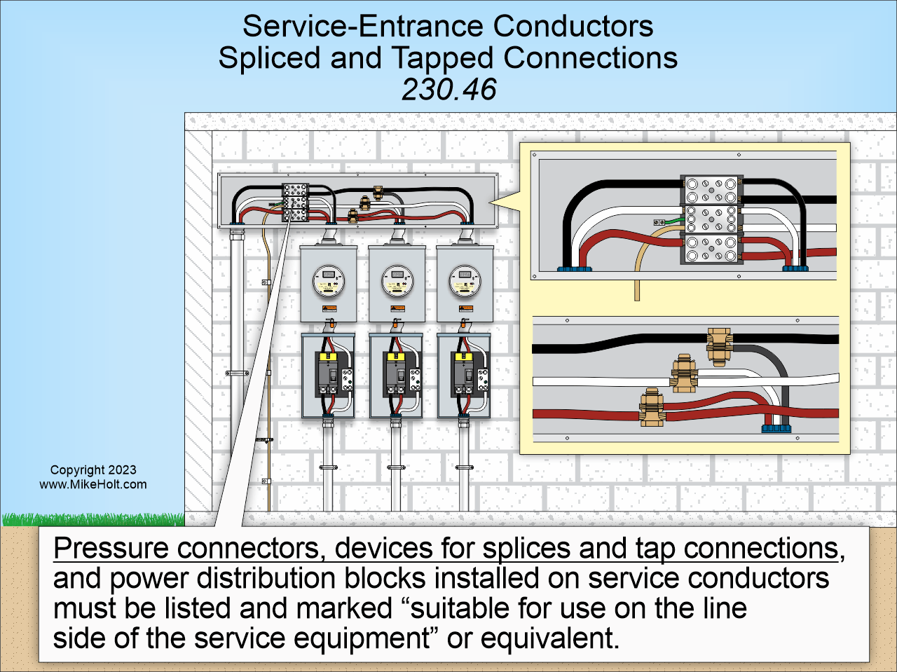 Fig. 1. Section 230.46 requires pressure connectors, devices for splices and tap connections, and power distribution blocks installed on service conductors to be listed and marked “suitable for use on the line side of the service equipment” or equivalent. Fig. 1. Section 230.46 requires pressure connectors, devices for splices and tap connections, and power distribution blocks installed on service conductors to be listed and marked “suitable for use on the line side of the service equipment” or equivalent.