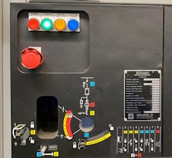 Close-up view of a high-voltage motor starter mimic display. Close-up view of a high-voltage motor starter mimic display.