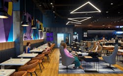 The Swissport Lounge is located within Billy Bishop Airport’s domestic lounge in Toronto. At 3,620 square feet, the refurbished space has at least 110 seats throughout the lounge and restaurant. The existing perimeter of the lounge space had already been built when Billy Bishop had two extensions added in 2017. However, Stantec renovated the space to handle the new programming. This includes interior glass partitions separating the domestic lounge from the Swissport Lounge, new flooring, new interior partitions, exposed ceilings, as well as updated plumbing, HVAC, and electrical to accommodate kitchen, bar, and food service areas. The Swissport Lounge is located within Billy Bishop Airport’s domestic lounge in Toronto. At 3,620 square feet, the refurbished space has at least 110 seats throughout the lounge and restaurant. The existing perimeter of the lounge space had already been built when Billy Bishop had two extensions added in 2017. However, Stantec renovated the space to handle the new programming. This includes interior glass partitions separating the domestic lounge from the Swissport Lounge, new flooring, new interior partitions, exposed ceilings, as well as updated plumbing, HVAC, and electrical to accommodate kitchen, bar, and food service areas.