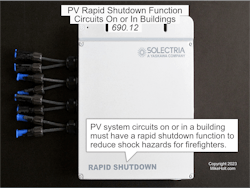 Fig. 3. PV system circuits on or in a building must have a rapid shutdown function per Sec. 690.12(A) through (D). Fig. 3. PV system circuits on or in a building must have a rapid shutdown function per Sec. 690.12(A) through (D).