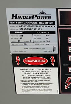 Photo 6. This equipment nameplate shows a recommended ripple level of 100mV rms. Photo 6. This equipment nameplate shows a recommended ripple level of 100mV rms.
