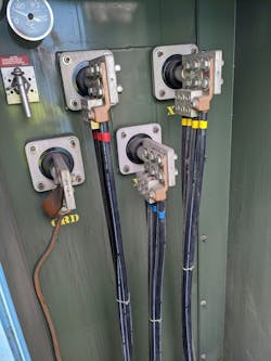 Photo 2. Testing the insulation resistance of each colored pair of phase conductors in a group is now allowed. Photo 2. Testing the insulation resistance of each colored pair of phase conductors in a group is now allowed.