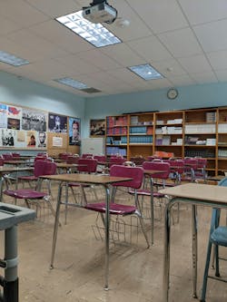 A high school classroom with fluorescent fixtures modified for Type B TLED lamps. A high school classroom with fluorescent fixtures modified for Type B TLED lamps.