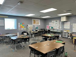 An elementary classroom with new LED fixtures featuring selectable color and output. An elementary classroom with new LED fixtures featuring selectable color and output.