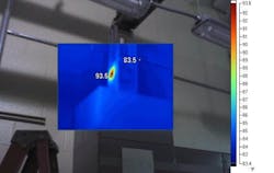 Photo 2. An infrared camera detected a 10-degree temperature difference at a joint pack where the busway connected to a motor control center. This clearly identified the location of the unintentional neutral-to-ground connection (Photo 3). Photo 2. An infrared camera detected a 10-degree temperature difference at a joint pack where the busway connected to a motor control center. This clearly identified the location of the unintentional neutral-to-ground connection (Photo 3).