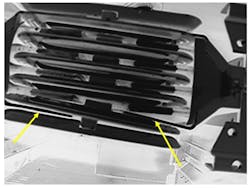 Photo 3. The arrow on the left shows the ground connection correctly installed. The arrow on the right shows the ground connector incorrectly installed, which created a prohibited neutral-to-ground bond. Photo 3. The arrow on the left shows the ground connection correctly installed. The arrow on the right shows the ground connector incorrectly installed, which created a prohibited neutral-to-ground bond.