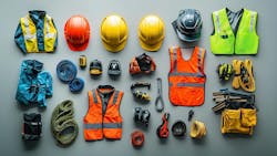 Construction safety equipment laid out across a grey background. Includes vests, hard hats, rope/tethers, PPE, tools, tape measure, etc. Construction safety equipment laid out across a grey background. Includes vests, hard hats, rope/tethers, PPE, tools, tape measure, etc.