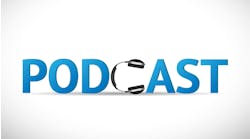 The word 'Podcast' in blue uppercase font against a white-grey background. The 'c' is a pair of headphones turned sideways. The word 'Podcast' in blue uppercase font against a white-grey background. The 'c' is a pair of headphones turned sideways.