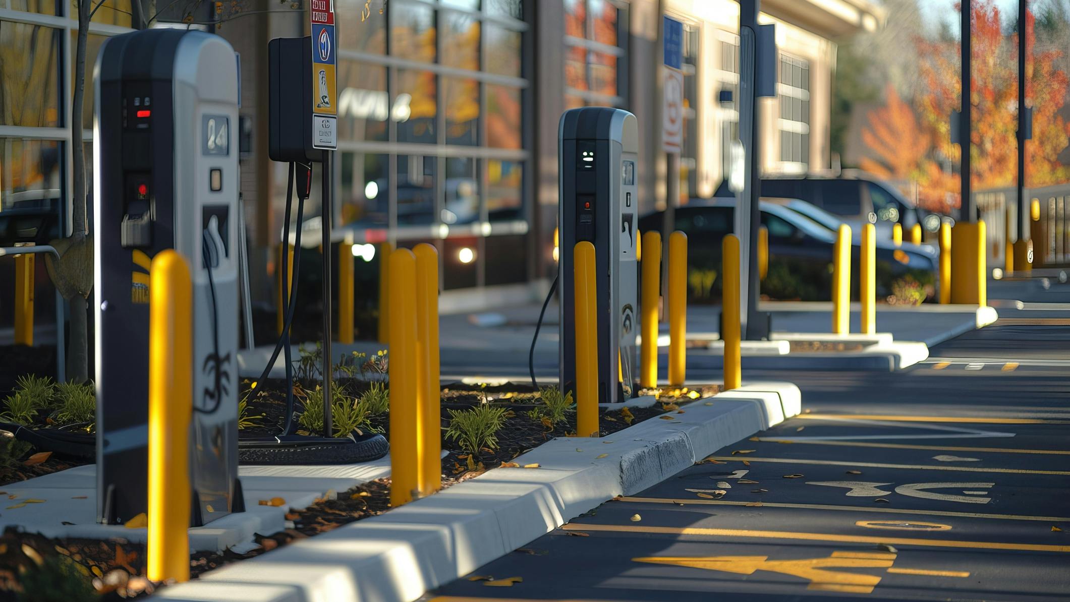 A row of electric vehicle chargers in front of an office building in a parking lot