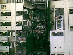 Photo 1. This motor control center was destroyed by a loose connection that became an arc fault. Photo 1. This motor control center was destroyed by a loose connection that became an arc fault.