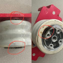 Photo 3. Evidence of partial discharge was not visible until the insulator was removed. Photo 3. Evidence of partial discharge was not visible until the insulator was removed.