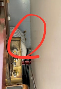 Photo 5. Partial discharge evidence can be seen on this WLI-style switch. Photo 5. Partial discharge evidence can be seen on this WLI-style switch.