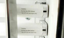 Luminaires modified for Type B TLED lamps should not be operated with other wiring configurations or lamp types, including fluorescent or other TLEDs. Luminaires modified for Type B TLED lamps should not be operated with other wiring configurations or lamp types, including fluorescent or other TLEDs.