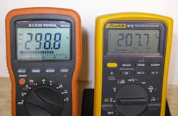 Photo 1. These readings show the difference in true-rms and average-responding DMM voltage readings on a non-sinusoidal sine wave. Both DMMs’ test leads are at the same point on a variable-frequency drive output (non-sinusoidal). The drive is set at 208VAC. Notice the average-responding DMM on the left reads 298.8VAC — approximately 30% higher than the true-rms DMM on the right. Photo 1. These readings show the difference in true-rms and average-responding DMM voltage readings on a non-sinusoidal sine wave. Both DMMs’ test leads are at the same point on a variable-frequency drive output (non-sinusoidal). The drive is set at 208VAC. Notice the average-responding DMM on the left reads 298.8VAC — approximately 30% higher than the true-rms DMM on the right.