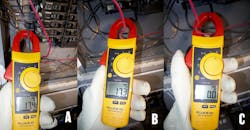Photo 2. In this single-phase, 240V example, Photos 2(a) and 2(b) show approximately the same amperage in each ungrounded conductor. Photo 2(c) shows what happens if the clamp is placed around both conductors. The magnetic fields around each other are equal and opposite — and cancel out the voltage that would be induced into the clamp. The DMM now reads “zero.” Photo 2. In this single-phase, 240V example, Photos 2(a) and 2(b) show approximately the same amperage in each ungrounded conductor. Photo 2(c) shows what happens if the clamp is placed around both conductors. The magnetic fields around each other are equal and opposite — and cancel out the voltage that would be induced into the clamp. The DMM now reads “zero.”