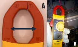 Photo 3. Most clamp DMMs will have some method to indicate where the conductor is to be placed within the clamp for the most accurate reading. Photo 3(a) shows two parallel lines, which is typical, and the conductor must be placed at or below these parallel lines. Photo 3(b) shows an example of placing the conductor near the top of the clamp. This is the circuit from Photo 2 and should read 17A. The reading now is considerably inaccurate. Photo 3. Most clamp DMMs will have some method to indicate where the conductor is to be placed within the clamp for the most accurate reading. Photo 3(a) shows two parallel lines, which is typical, and the conductor must be placed at or below these parallel lines. Photo 3(b) shows an example of placing the conductor near the top of the clamp. This is the circuit from Photo 2 and should read 17A. The reading now is considerably inaccurate.