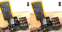 Photo 4. Testing motor starter contacts is a good example of how an inaccurate resistance reading can be obtained. With the black test lead on L1 and the red test lead on T1, see Photo 4(a), the DMM should indicate “0L” (open circuit) since the starter contacts are open. In Photo 4(b) the technician is using their fingers to hold the test leads in place. The parallel path created as DMM current flows across the worker's body from one hand to the other gives the erroneous reading of 14.16 megohms, indicating faulty contacts. Photo 4. Testing motor starter contacts is a good example of how an inaccurate resistance reading can be obtained. With the black test lead on L1 and the red test lead on T1, see Photo 4(a), the DMM should indicate “0L” (open circuit) since the starter contacts are open. In Photo 4(b) the technician is using their fingers to hold the test leads in place. The parallel path created as DMM current flows across the worker's body from one hand to the other gives the erroneous reading of 14.16 megohms, indicating faulty contacts.