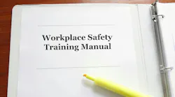 A white binder sits on a wooden table. A closeup of the binder shows text that says 'Workplace Safety Training Manual' with an open yellow highlighter below it.
