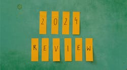 A green chalkboard that says '2024 Review.' Each letter/number is on its own yellow sticky note. A green chalkboard that says '2024 Review.' Each letter/number is on its own yellow sticky note.