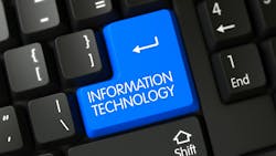 A black keyboard. One button is bright blue with an arrow and text that says 'Information Technology.' A black keyboard. One button is bright blue with an arrow and text that says 'Information Technology.'