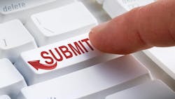 A white keyboard. A finger presses a key that says 'SUBMIT' in all red caps with a red arrow. A white keyboard. A finger presses a key that says 'SUBMIT' in all red caps with a red arrow.