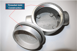 Photo 3. Explosionproof equipment is often used in many applications, with different methods used to obtain this protection technique. This enclosure uses “threaded-joint” construction to allow an explosion to occur within the enclosure. The hot gases produced by the explosion will cool sufficiently as they pass over the threads to escape the box. These cooled vapors will not be of sufficient temperature to ignite the surrounding atmosphere outside of the box. Photo 3. Explosionproof equipment is often used in many applications, with different methods used to obtain this protection technique. This enclosure uses “threaded-joint” construction to allow an explosion to occur within the enclosure. The hot gases produced by the explosion will cool sufficiently as they pass over the threads to escape the box. These cooled vapors will not be of sufficient temperature to ignite the surrounding atmosphere outside of the box.