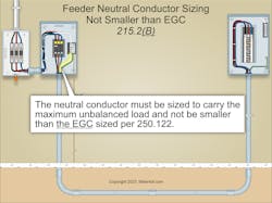 Fig. 2. The neutral conductor must be sized to carry the maximum unbalanced load per Sec. 220.61 but must not be smaller than the equipment grounding conductor, per Sec. 250.122. Fig. 2. The neutral conductor must be sized to carry the maximum unbalanced load per Sec. 220.61 but must not be smaller than the equipment grounding conductor, per Sec. 250.122.