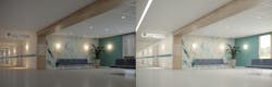 Photo 1. Contoured shapes showcase advanced technologies: decorative wall-mounted luminaires include tunable white lighting in waiting rooms and corridors to benefit staff and visitors as well as patients looking out onto corridor from their rooms, providing time-of-day cues for circadian support. Luminaires meet stringent criteria for ingress protection (IP) against water and dust and are NSF rated for cleanability against harsh cleaning agents. Photo 1. Contoured shapes showcase advanced technologies: decorative wall-mounted luminaires include tunable white lighting in waiting rooms and corridors to benefit staff and visitors as well as patients looking out onto corridor from their rooms, providing time-of-day cues for circadian support. Luminaires meet stringent criteria for ingress protection (IP) against water and dust and are NSF rated for cleanability against harsh cleaning agents.