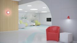 Photo 2. Providing color-changing light to calm or energize an array of diffuse, recessed rounds in varying sizes provide visual comfort for patients as well as architectural interes. Touch control task lights are important elements to give patients personal control in behavioral health environments. Photo 2. Providing color-changing light to calm or energize an array of diffuse, recessed rounds in varying sizes provide visual comfort for patients as well as architectural interes. Touch control task lights are important elements to give patients personal control in behavioral health environments.