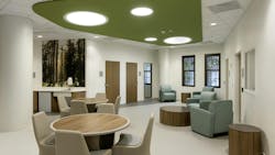 Rhode Island-based Butler Hospital Short Stay Unit includes common areas with round ceiling troffers that meet stringent performance standards for tamper- and ligature-resistance while complementing the design. Rhode Island-based Butler Hospital Short Stay Unit includes common areas with round ceiling troffers that meet stringent performance standards for tamper- and ligature-resistance while complementing the design.