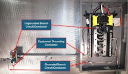 Fig. 1. The conductors from the terminal of the overcurrent protective device for the circuit to the outlet device are the branch circuit. On this training mockup, the circuit conductors are easy to identify. In panelboards with several branch circuits, take care to properly identify the conductors of the faulty branch circuit. Fig. 1. The conductors from the terminal of the overcurrent protective device for the circuit to the outlet device are the branch circuit. On this training mockup, the circuit conductors are easy to identify. In panelboards with several branch circuits, take care to properly identify the conductors of the faulty branch circuit.
