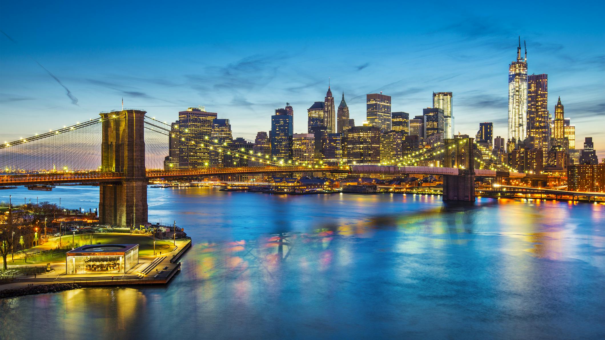 Famous view of New York City over the East River towards the financial district in the borough of Manhattan.