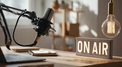 The modern podcast studio featuring a microphone and On Air sign. AI generated image. The modern podcast studio featuring a microphone and On Air sign. AI generated image.