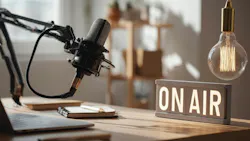 The modern podcast studio featuring a microphone and On Air sign. AI generated image.