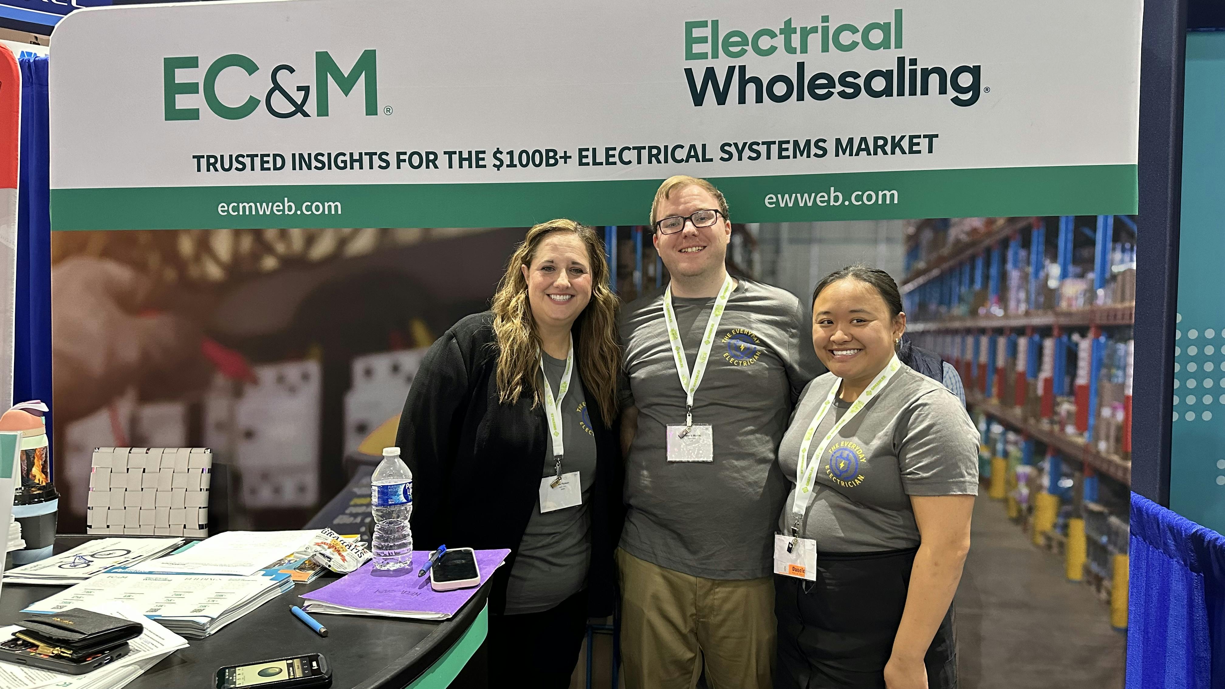 EC&M editors Ellen Parson, Michael Morris, and Ellie Coggins rep Everyday Electrician shirts at last year's NECA show in San Diego, Calif.