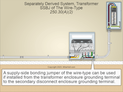 Fig. 2. A supply-side bonding jumper of the wire type must be sized per Sec. 250.102(C) based on the size or area of the secondary phase conductors in the raceway or cable. Fig. 2. A supply-side bonding jumper of the wire type must be sized per Sec. 250.102(C) based on the size or area of the secondary phase conductors in the raceway or cable.