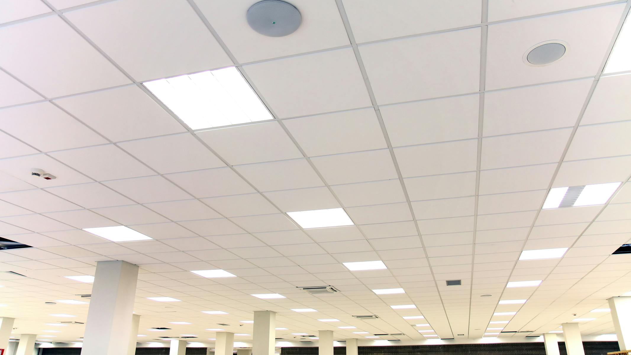 Modern design white office ceiling with white tiles and lighting