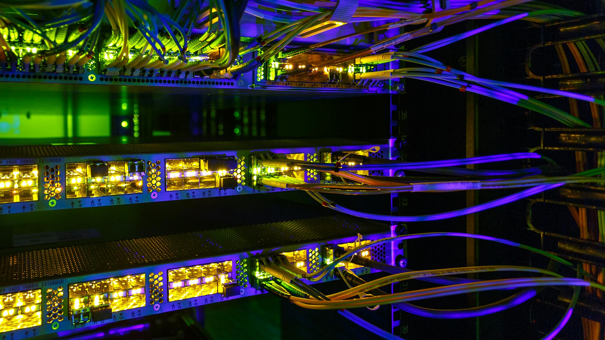 Fiber Optical connector interface. Information Technology Computer Network. Information Technology Computer Network, Telecommunication Fiber Optical Cables Connected. Data server.