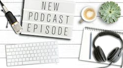 Podcasting concept, top view of words NEW PODCAST EPISODE on light box on table with microphone and computer keyboard Podcasting concept, top view of words NEW PODCAST EPISODE on light box on table with microphone and computer keyboard