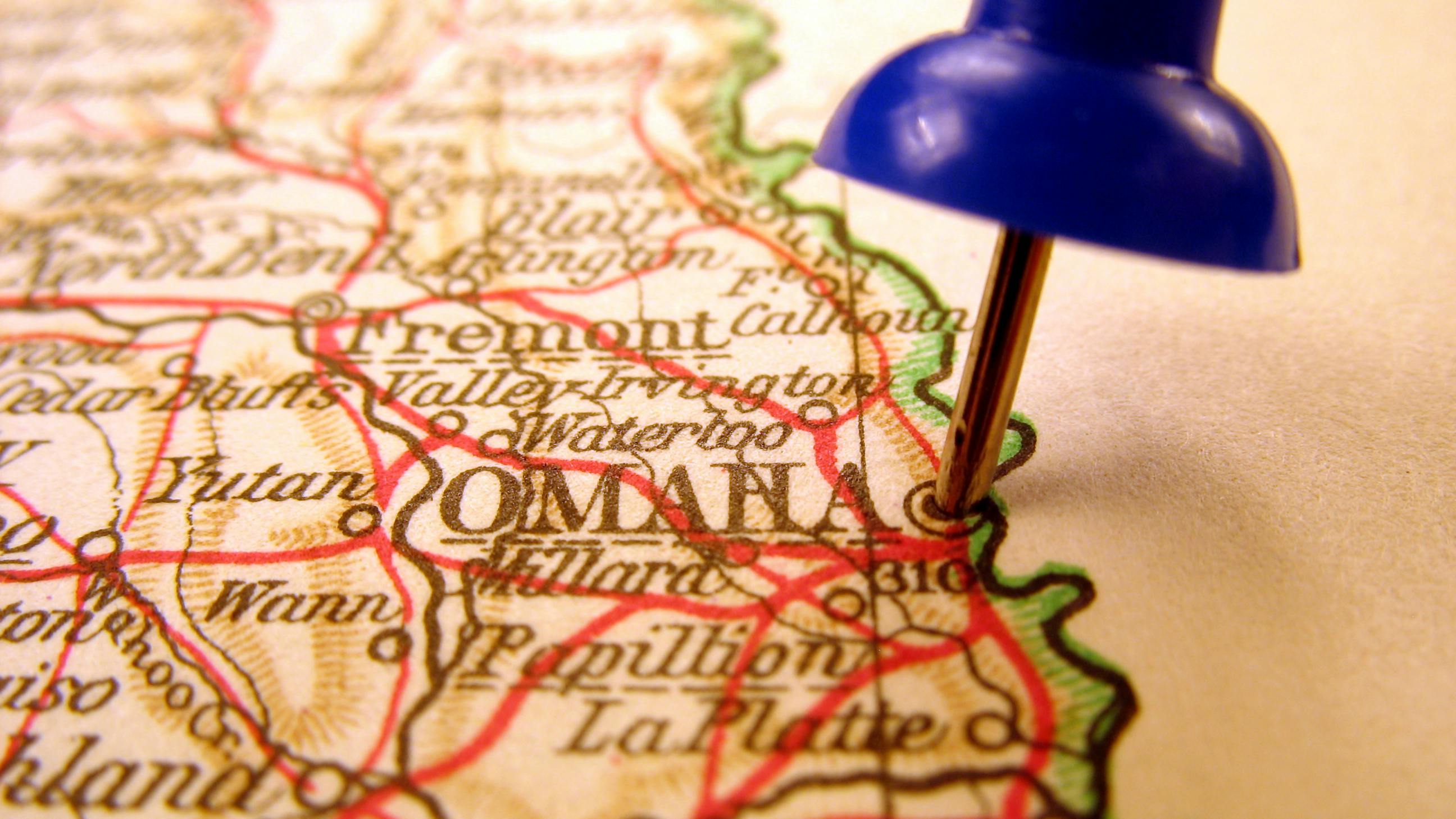 Omaha, Nebraska pinned on a map with a blue push pin