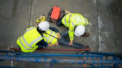 Basic first aid training for support accident in site work, Builder accident fall scaffolding to the floor, Safety team help employee accident. Basic first aid training for support accident in site work, Builder accident fall scaffolding to the floor, Safety team help employee accident.