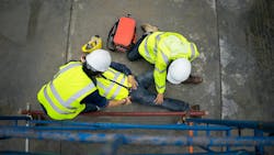 Basic first aid training for support accident in site work, Builder accident fall scaffolding to the floor, Safety team help employee accident. Basic first aid training for support accident in site work, Builder accident fall scaffolding to the floor, Safety team help employee accident.