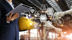 Engineer manager using tablet with icon network, Industrial robotics, Automation robot arms machine in intelligent construction site. Construction technology concept Engineer manager using tablet with icon network, Industrial robotics, Automation robot arms machine in intelligent construction site. Construction technology concept