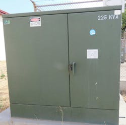 Photo 4. This 225kVA pad-mounted distribution transformer shows a certified FR3 label. Photo 4. This 225kVA pad-mounted distribution transformer shows a certified FR3 label.