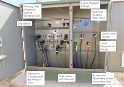 Photo 2. This pad-mounted distribution transformer is rated at 225kVA, 12.47kV to 208/120V and located at an industrial facility. Photo 2. This pad-mounted distribution transformer is rated at 225kVA, 12.47kV to 208/120V and located at an industrial facility.