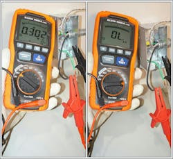 Photo 3. NEC Sec. 110.7 requires completed wiring to be free from short circuits and ground faults. Insulation resistance measurements must be performed to ensure compliance with this Section. In the image on the left, the newly installed branch circuit ungrounded conductor measures 0.032 megohms — far below an acceptable value. Newly installed wiring will most likely read an infinite value as in the image on the right. Photo 3. NEC Sec. 110.7 requires completed wiring to be free from short circuits and ground faults. Insulation resistance measurements must be performed to ensure compliance with this Section. In the image on the left, the newly installed branch circuit ungrounded conductor measures 0.032 megohms — far below an acceptable value. Newly installed wiring will most likely read an infinite value as in the image on the right.